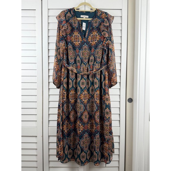 LOFT Dresses & Skirts - LOFT Midi Dress XL Teal Medallion Print Ruffle Split Neck Long Sleeve NEW